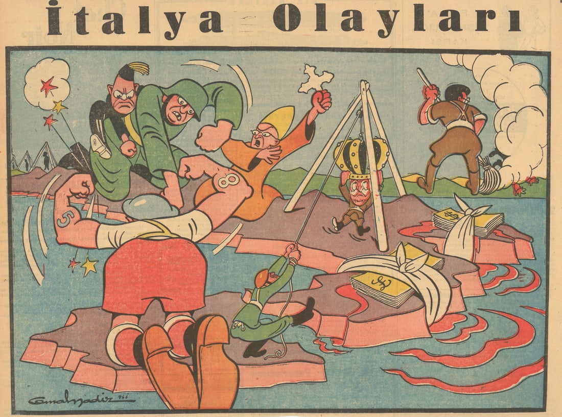 İtalya Olayları. Events in Italy. Turkish WW2 serio-comic map. Cemal Nadir 1944 (1 of 1)