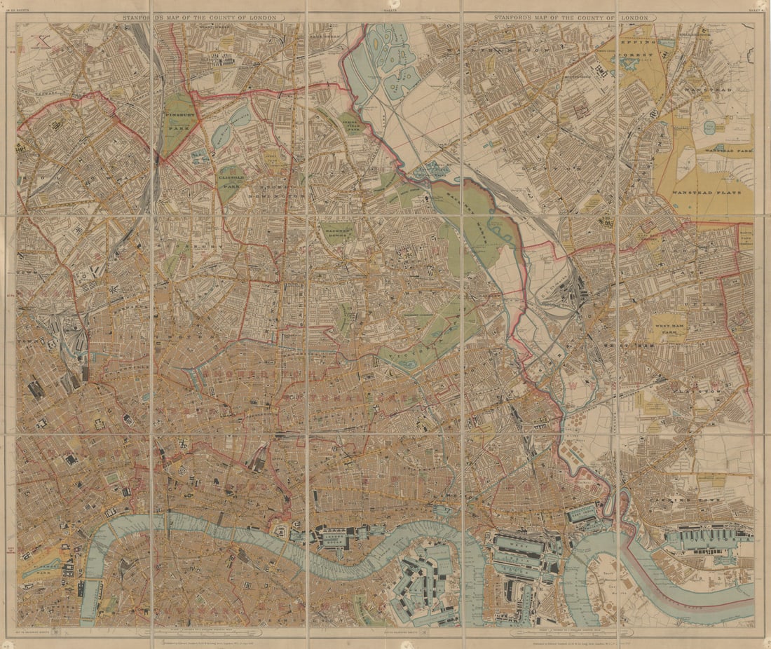 Stanford's New Map of the County of London—North East sheet. 70x84cm 1907: Title: Stanford's New Map of the County of London—North East sheet. 70x84cm 1907 Description: Stanford's [New] Map of the County of London [North East]. Sheets 3, 4, 8 & 9 from Stanford's
