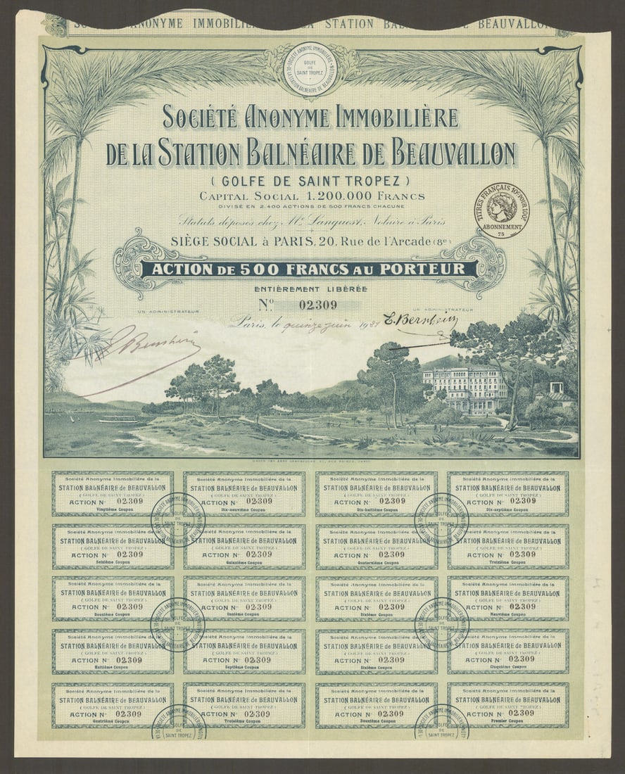 Station Balnéaire de Beauvallon—Saint-Tropez Gulf—Bearer share + coupons 1927: Title: Station Balnéaire de Beauvallon—Saint-Tropez Gulf—Bearer share + coupons 1927 Description: Société Anonyme Immobilière de la Station Balnéaire de