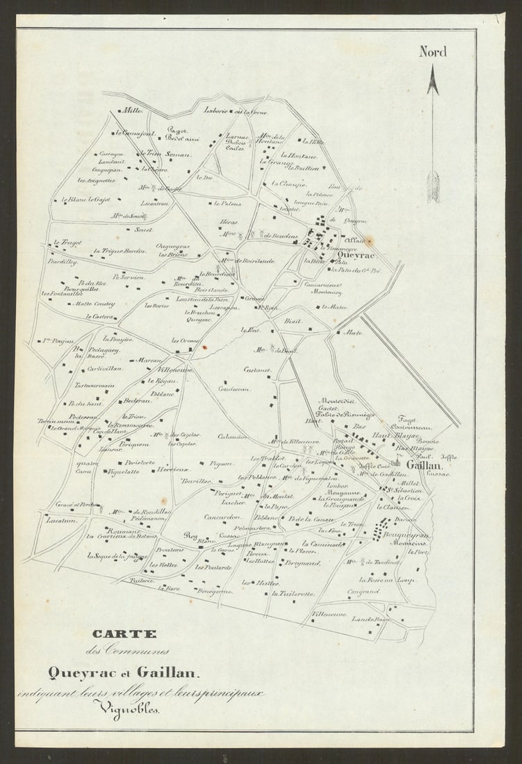 Queyrac & Gaillan—Médoc—Bordeaux vignobles/wine chateaux map—La Tour de By: Title: Queyrac & Gaillan—Médoc—Bordeaux vignobles/wine chateaux map—La Tour de By 1839 Description: Carte des Communes de Queyrac et Gaillan, indiquant leurs villages et leurs