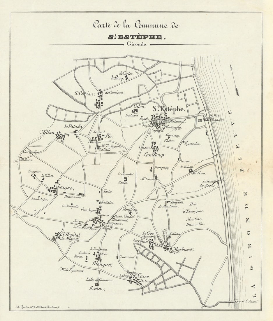 St-Estèphe—Haut-Médoc—Bordeaux vignobles/wine chateaux map—Cos: Title: St-Estèphe—Haut-Médoc—Bordeaux vignobles/wine chateaux map—Cos d'Estournel 1838 Description: Carte de la Commune de St-Estèphe, Gironde'. A mid-19th-century Bor