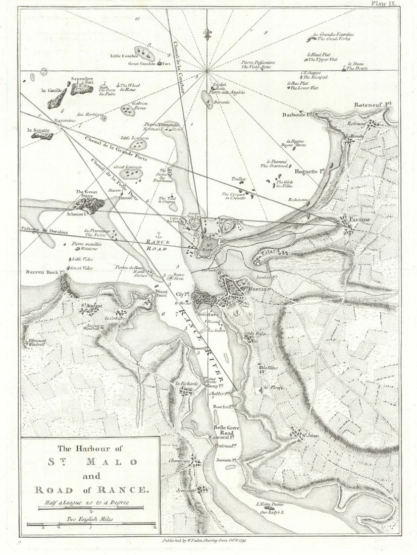 The Harbour of Saint-Malo and Road of Rance. Saint-Servan—Dinard. Faden 1793 map: Title: The Harbour of Saint-Malo and Road of Rance. Saint-Servan—Dinard. Faden 1793 map Description: The Harbour of St. Malo and Road of Rance'. Originally published in "Le Petit Neptune
