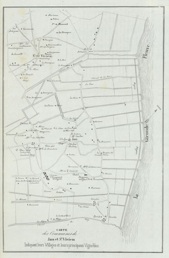 Jau—Saint-Vivien—Médoc—Bordeaux vignobles/wine chateaux map—: Title: Jau—Saint-Vivien—Médoc—Bordeaux vignobles/wine chateaux map—Hourcade—Loirac 1839 Description: Carte des Communes de Jau et St-Vivien, indiquant leurs