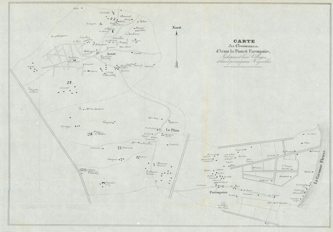 Arsac, Le Pian & Parempuire—Haut-Médoc—Bordeaux vignobles—wine chateaux map: Title: Arsac, Le Pian & Parempuire—Haut-Médoc—Bordeaux vignobles—wine chateaux map 1839 Description: Carte des Communes d’Arsac, Le Pian et Parempuire, indiquant leurs vil