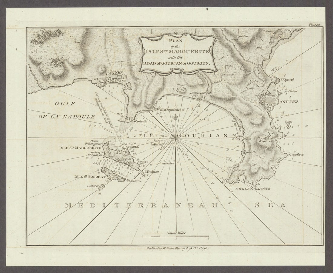 Îles Sainte-Marguerite & Golfe-Juan—Cannes—Cap d'Antibes—Lérins. Faden: Title: Îles Sainte-Marguerite & Golfe-Juan—Cannes—Cap d'Antibes—Lérins. Faden 1793 map Description: Plan of the Isle Ste. Marguerite with the Road of Gourjan or Gourgen'.