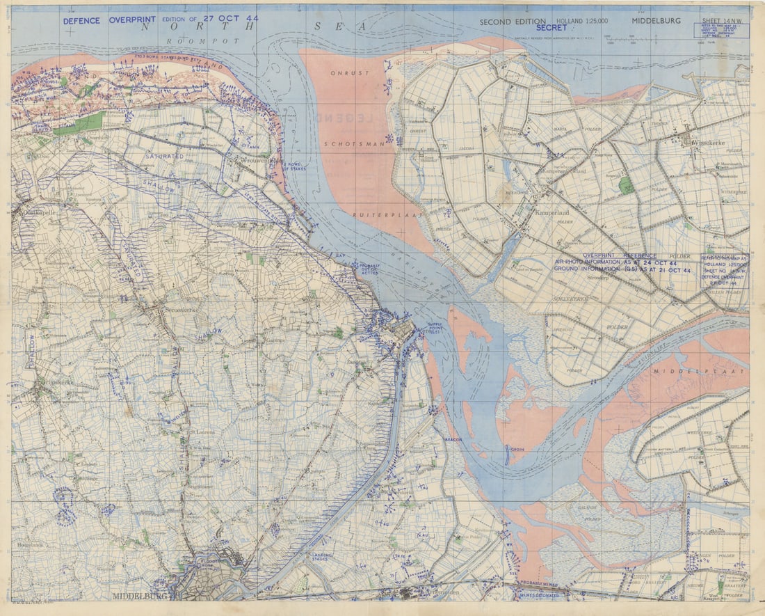 WW2 Walcheren assault—Secret—Defence Overprint—Operation Infatuate Oct 1944 map: Title: WW2 Walcheren assault—Secret—Defence Overprint—Operation Infatuate Oct 1944 map Description: Holland 1:25,000 Middelburg—Sheet 14 N.W.—Second Edition—Secret&