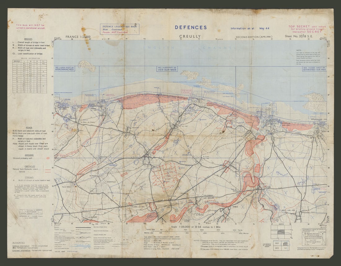 Operational D-Day map of Gold & Juno landing beaches—German defences—May 1944: Title: Operational D-Day map of Gold & Juno landing beaches—German defences—May 1944 Description: Cruelly—Defences—Sheet No. 37/18 S.E.—GSGS 4347 [Defence overprint print