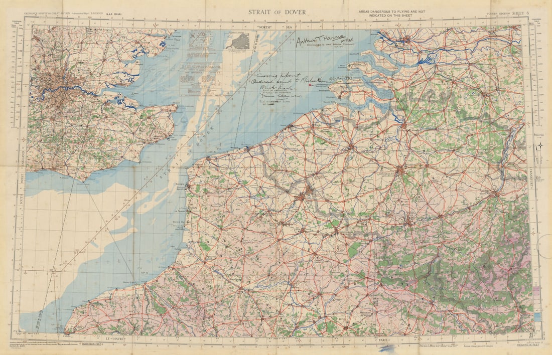 Strait of Dover—GSGS—RAF WW2—Signed by Bomber Harris + Dambuster pilots 1943 map (1 of 1)