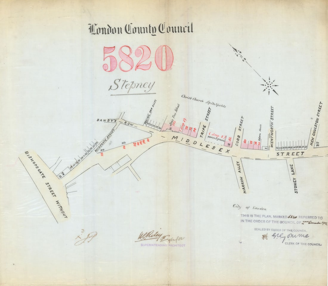 Middlesex Street, Spitalfields E1—door renumbering—Bishopsgate—Cobb St 1902 map (1 of 1)