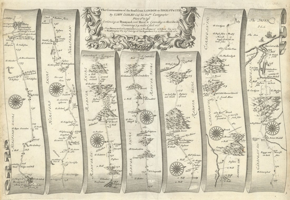 Bromyard – Leominster – Presteign – Aberystwyth – Ogilby road map #3 1675: Title: Bromyard – Leominster – Presteign – Aberystwyth – Ogilby road map #3 1675 Description: The Continuation of the Road from London to Aberistwith, Plate 3d & last