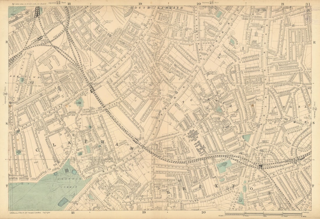 CLAPHAM Common/North Brixton Lambeth Stockwell Battersea Wandsworth 1886 map: Title: CLAPHAM Common/North Brixton Lambeth Stockwell Battersea Wandsworth 1886 map Description: Sheet 31 from Bacon's 1886 London street atlas covering part of South West London including Clapham