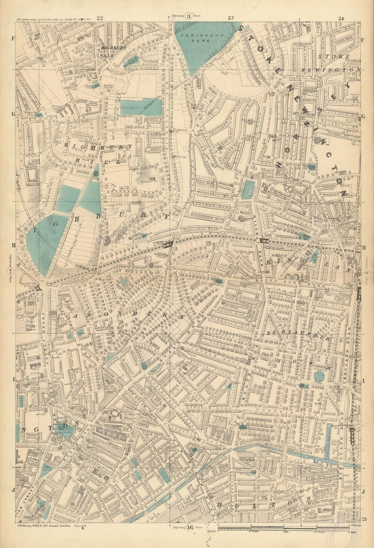 HIGHBURY Hoxton Kingsland Stoke Newington Canonbury De Beauvoir Town 1886 map: Title: HIGHBURY Hoxton Kingsland Stoke Newington Canonbury De Beauvoir Town 1886 map Description: Sheet 8 from Bacon's 1886 London street atlas covering part of North London including Highbury,