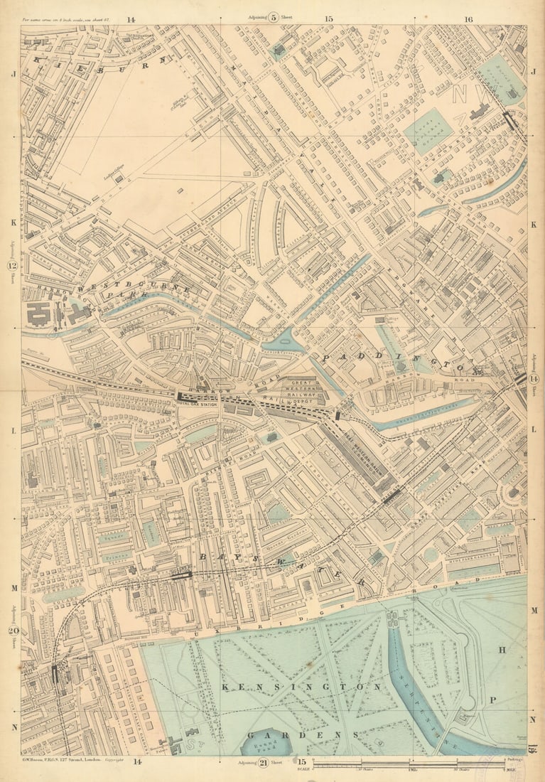 BAYSWATER MAIDA VALE Paddington Bayswater Westbourne Park St Johns Wood 1886 map: Title: BAYSWATER MAIDA VALE Paddington Bayswater Westbourne Park St Johns Wood 1886 map Description: Sheet 13 from Bacon's 1886 London street atlas covering part of West London including Paddington,