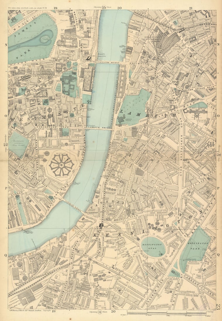 WESTMINSTER Lambeth Kennington Waterloo Vauxhall Oval Pimlico Lambeth 1886 map (1 of 1)