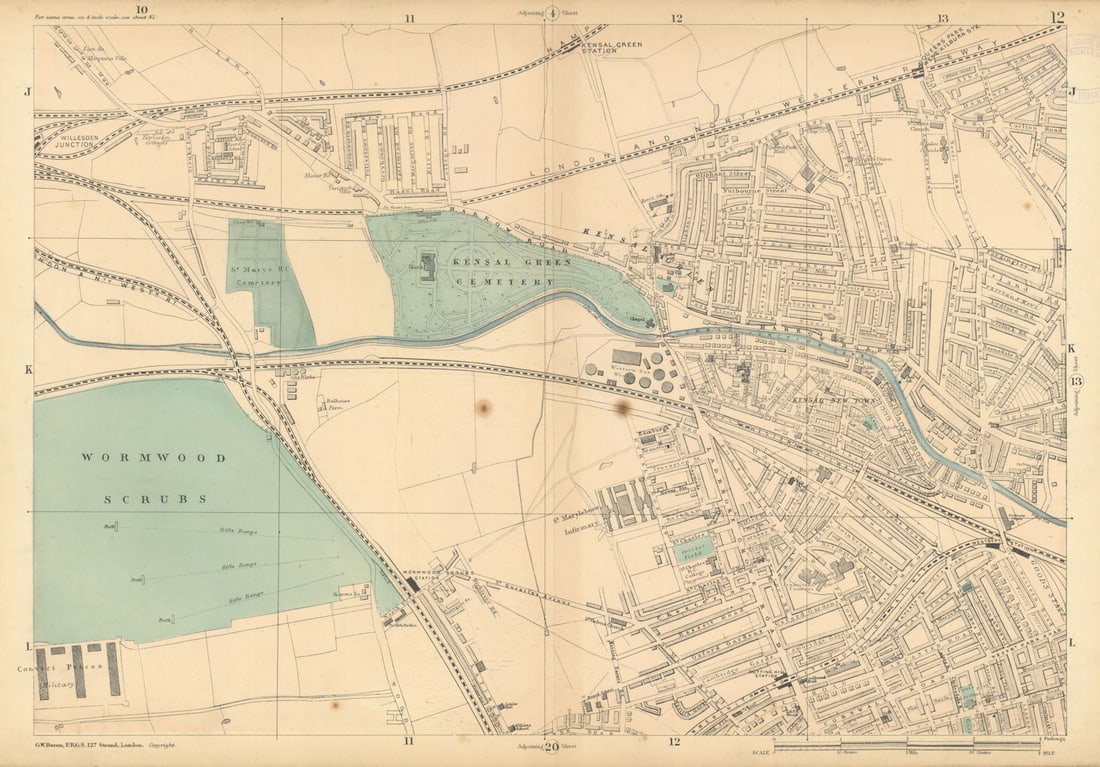 KENSAL GREEN Kilburn Maida Hill Ladbroke Grove N Kensington Queens Park 1886 map: Title: KENSAL GREEN Kilburn Maida Hill Ladbroke Grove N Kensington Queens Park 1886 map Description: Sheet 12 from Bacon's 1886 London street atlas covering part of West London including Kensal Green,