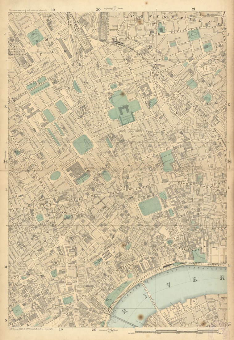BLOOMSBURY Charing/King's Cross Covent Garden Soho Holborn Clerkenwell 1886 map: Title: BLOOMSBURY Charing/King's Cross Covent Garden Soho Holborn Clerkenwell 1886 map Description: Sheet 15 from Bacon's 1886 London street atlas covering part of Central London including King's