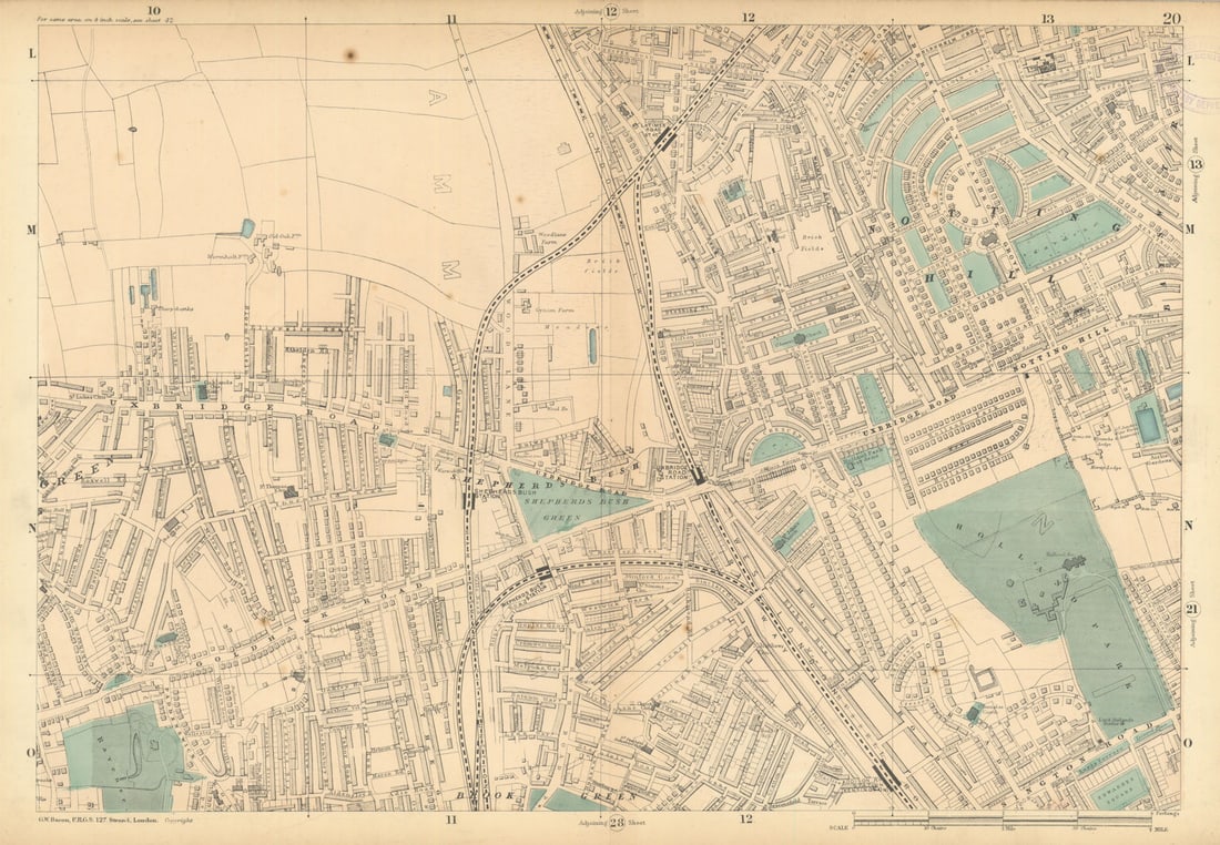 NOTTING HILL SHEPHERDS BUSH Kensington White City Holland Park 1886 old map (1 of 1)