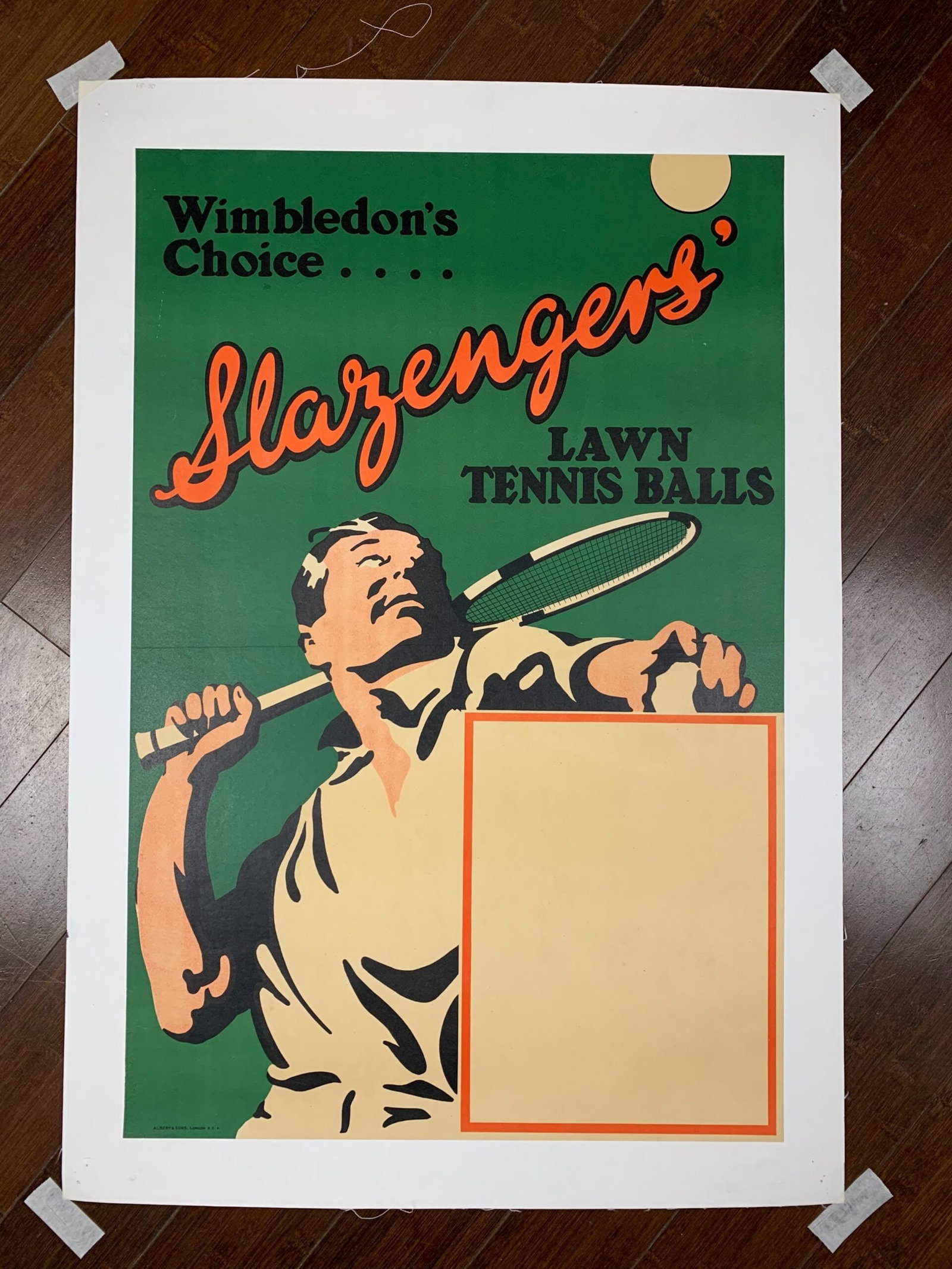 Slazenger Lawn Tennis Balls - Wimbledon's Choice (1926) 19.25x29 UK Advertising Poster LB: Title: Slazenger Lawn Tennis Balls - Wimbledon's Choice (1926) 19.25x29 UK Advertising Poster LB Description: Slazenger Lawn Tennis Balls - Wimbledon's Choice (1926) 19.25x29 UK Advertising Poster LB\