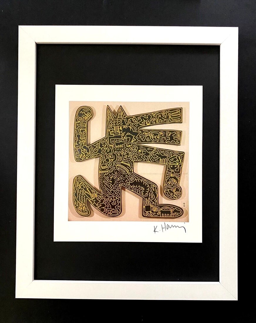 Keith Haring Signed Vintage Print Framed Silver Pop Art Ready to Hang TS: Up for Auction this Beautiful and Scarce Vintage 1989 Offset Lithograph after Keith Haring Facsimile Signed Art Print is about 8 X 8 in. This piece is mounted on a 11 x 14 in. black acid free black bo