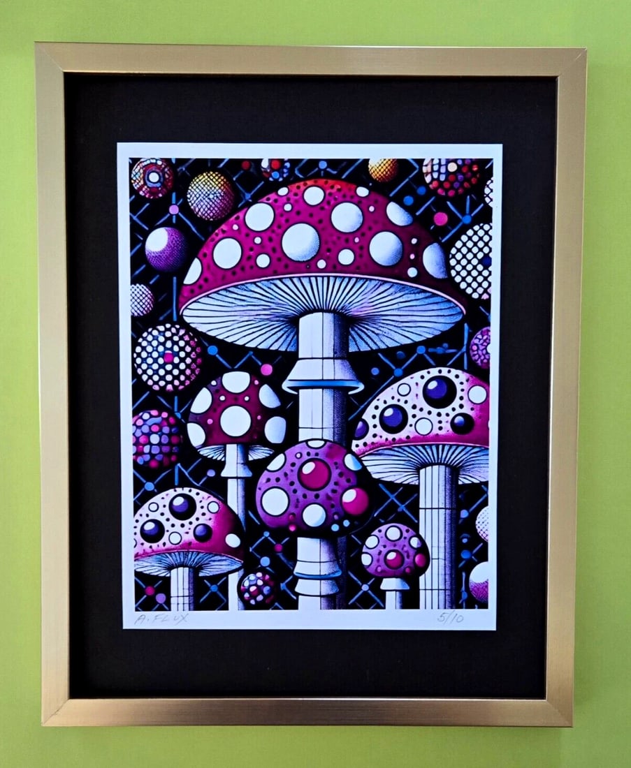 AIDAN FLUX | Hand Signed Authentic Ltd ED of 10 Print Framed Mushrooms World COA: This is a one-of-a-kind Hand Signed Authentic Giclee by AIDAN FLUX. From his Series " Universal Icons" The artist has created a stunning piece of art that features a powerful message about women's