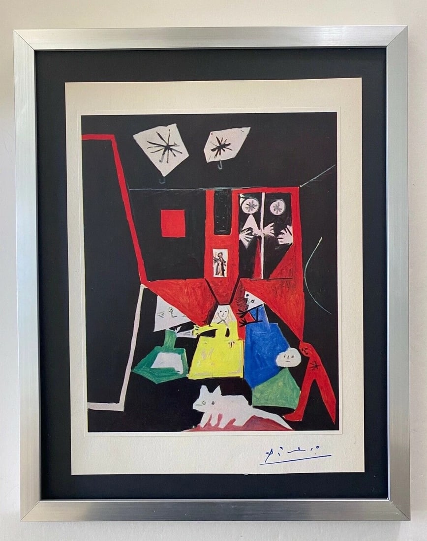 PABLO PICASSO+ ORIGINAL 1969 + SIGNED + HAND TIPPED + FRAMED + MAIDS OF HONOR: Beautiful and Scarce Original 1969 Hand Tipped Color Plate After PABLO PICASSO " The Maids of Honor " FACSIMILE SIGNATURE IN BLUE INK Art Print is about 12 X 9 1/2 in. PABLO PICASSO 1969 COLOR PLATE H