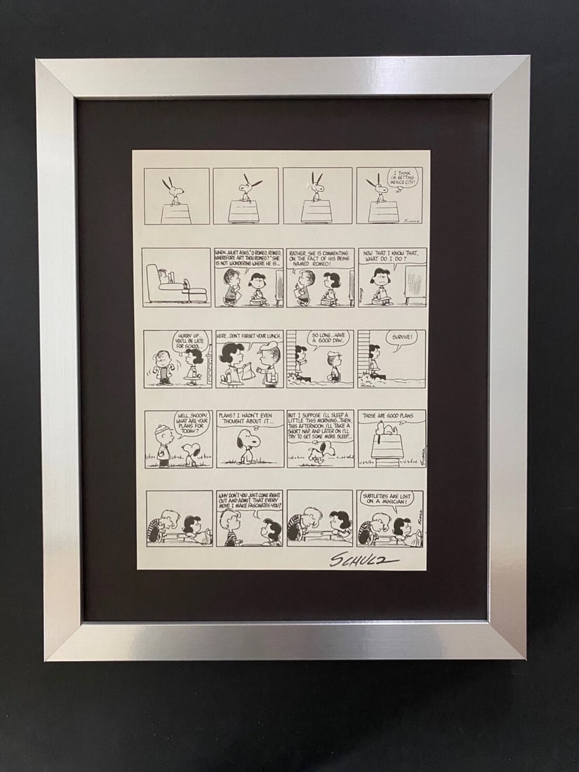 Charles Schulz 1968 Signed Peanuts Snoopy Cartoon Framed Silver Ready to Hang - 2