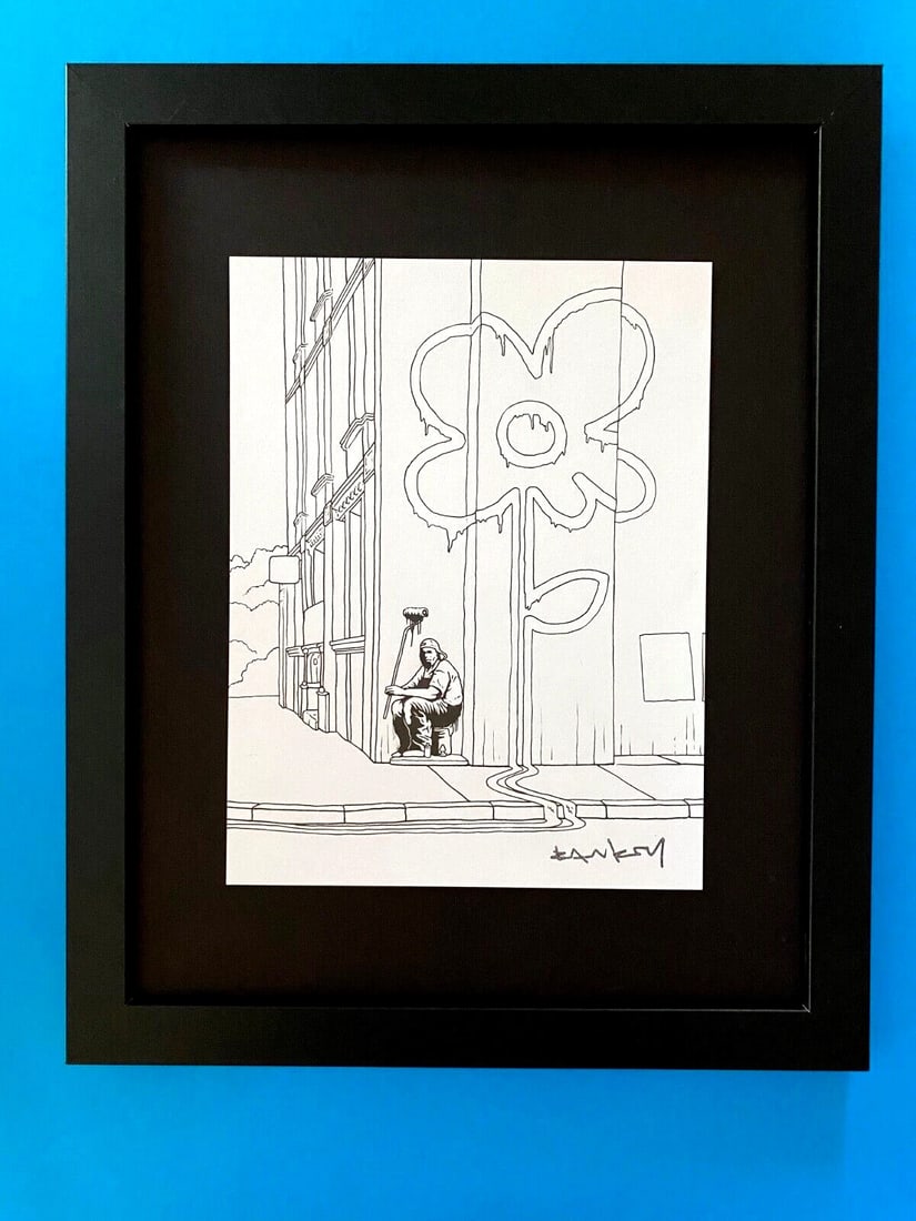BANKSY + SIGNED GRAFFITI PRINT " THE FLOWER " + NEW FRAME: Beautiful and Scarce Print BANKSY Facsimile Signature in Ink Art Print is about 8 X 8 in. This piece is mounted on a 11 x 14 in. black acid free premium black board. Framed covers an area of 15x12in.