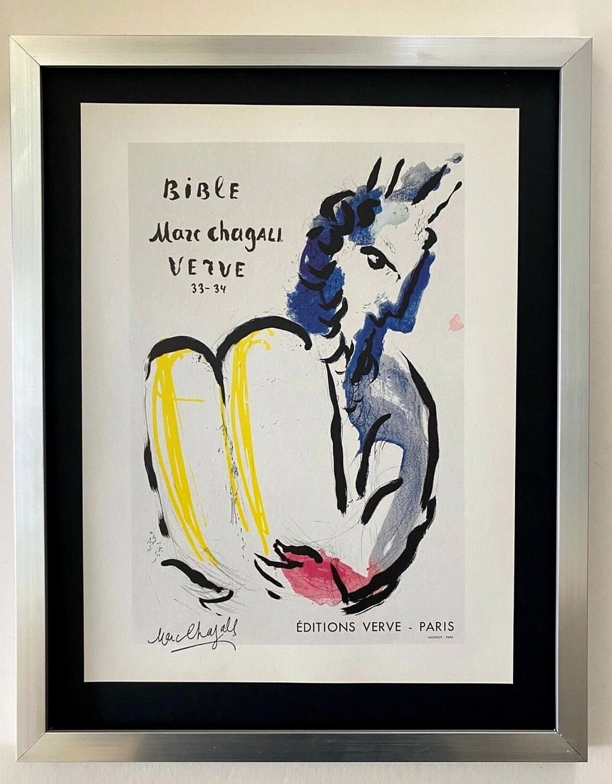 MARC CHAGALL | ORIGINAL VINTAGE 1975 | SIGNED PRINT | FREE FRAMING: Beautiful and Scarce Original 1975 Print After Marc Chagall " Moses " Facsimile Signature in Ink Published by Sorlier Art Print is about 12 X 9 in. This piece is mounted on a 11 x 14 in. black acid