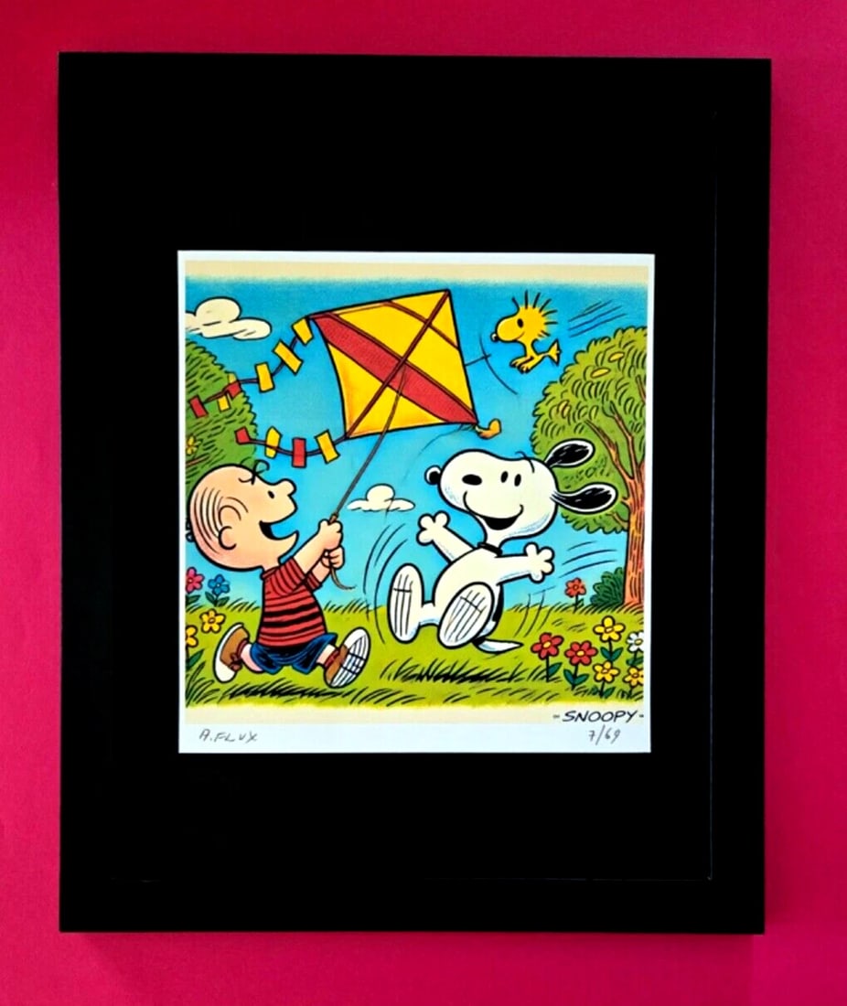 AIDAN FLUX Hand Signed Authentic Print 14x11in. Framed Snoopy Flying Kite COA: This is a one-of-a-kind Hand Signed Authentic Giclee by AIDAN FLUX. From his Series "American Icons" The artist has created a stunning piece of art that features a powerful message about women's