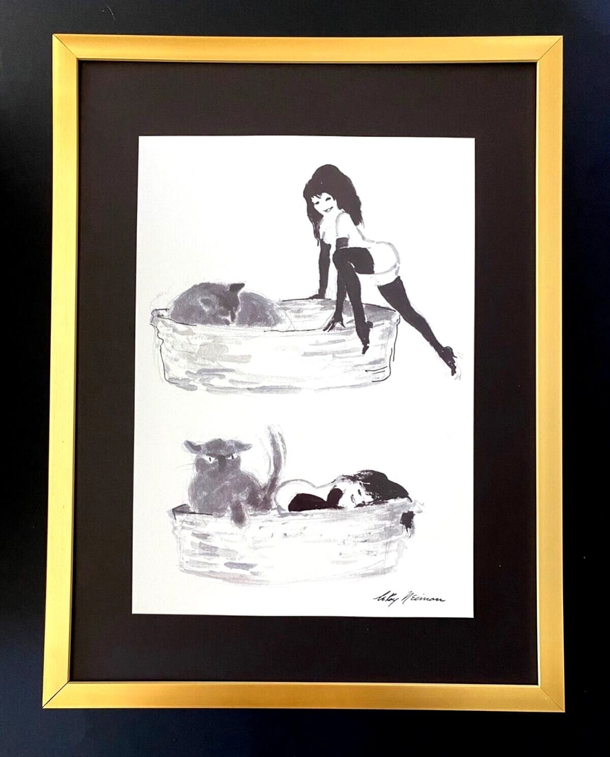 LeRoy Neiman " FEMLIN PLAYBOY & CAT " Signed Print Framed in a New 16x12: Beautiful and Scarce Original Vintage 1991 Femlin Print After Leroy Neiman " FEMLIN PLAYBOY " Facsimile Signed in Ink This piece is mounted on a 16 x 12 in. black acid free premium black board.
