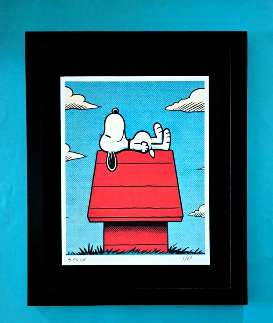 AIDAN FLUX Hand Signed Authentic Print 14x11in. Framed Snoopy at Home | COA - 2