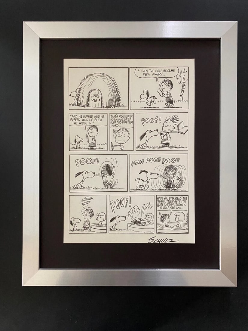 Charles Schulz + Signed Vintage 1968 Peanuts Snoopy Cartoon + New Silver Frame: Up for Sale this Beautiful Vintage 1968 Offset Lithograph after CHARLES M. SCHULTZ " Peanuts Cartoon " Facsimile Signed in ink Art Print is about 11.2 x 8.4in This art print is mounted on a 14 x 11