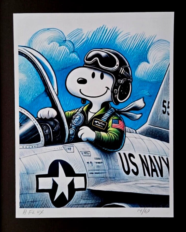 AIDAN FLUX | Hand Signed Highly Collectable Print X/69 SNOOPY US NAVY PILOT COA - 4