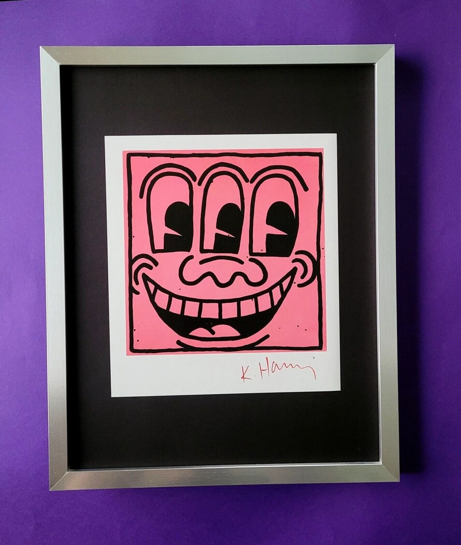 Keith Haring Vintage Signed Print Silver Frame Pop Art Wall Artwork TS: Up for Auction this Beautiful and Scarce Vintage 1989 Offset Lithograph after Keith Haring Facsimile Signed Art Print is about 8 X 8 in. This piece is mounted on a 11 x 14 in. black acid free black bo