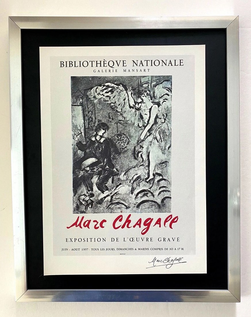 MARC CHAGALL | ORIGINAL VINTAGE 1975 | SIGNED PRINT | MOUNTED AND FRAMED: Beautiful and Scarce Original 1975 Print After Marc Chagall " PARIS EXPOSITION POSTER " Facsimile Signature in Ink Published by Sorlier Art Print is about 12 X 8 1/2 in. This piece is mounted on a 11