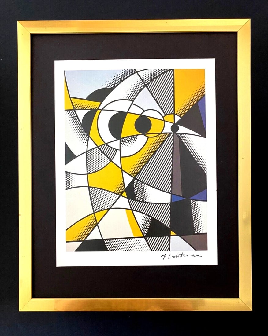 ROY LICHTENSTEIN + 1981 SIGNED PRINT + WITH NEW GOLD FRAME: This is a Beautiful and Scarce 1981 Print after ROY LICHTENSTEIN FACSIMILE SIGNED INK Mounted and Framed covering an area of 15x12in. Printed in Glossy Paper after the Iconic Artwork made by Mr.