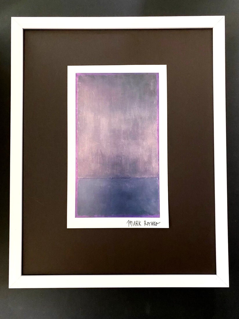 MARK ROTHKO + SIGNED PRINT + ABSTRACT ART + EXPRESSIONIST + MINIMALIST + FRAMED: Beautiful and Scarce Original 1970 Print After MARK ROTHKO " ABSTRACT " Facsimile Signature in ink This piece printed in glossy paper is mounted on a 11 x 14 in. black acid free premium black board.