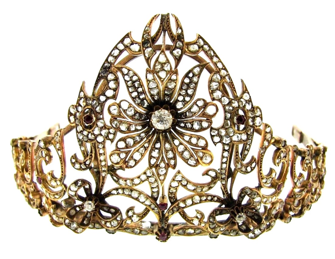 YELLOW GOLD DIAMOND AND RUBIES PERSIAN TIARA: Title: YELLOW GOLD DIAMOND AND RUBIES PERSIAN TIARA Description: American EstateFine Jewelry, Arts & Antiques Purveyors and Purchasers of Antique and Estate Pieces MZ JA000 CIRCA 1870 PERSIAN TIARA YE