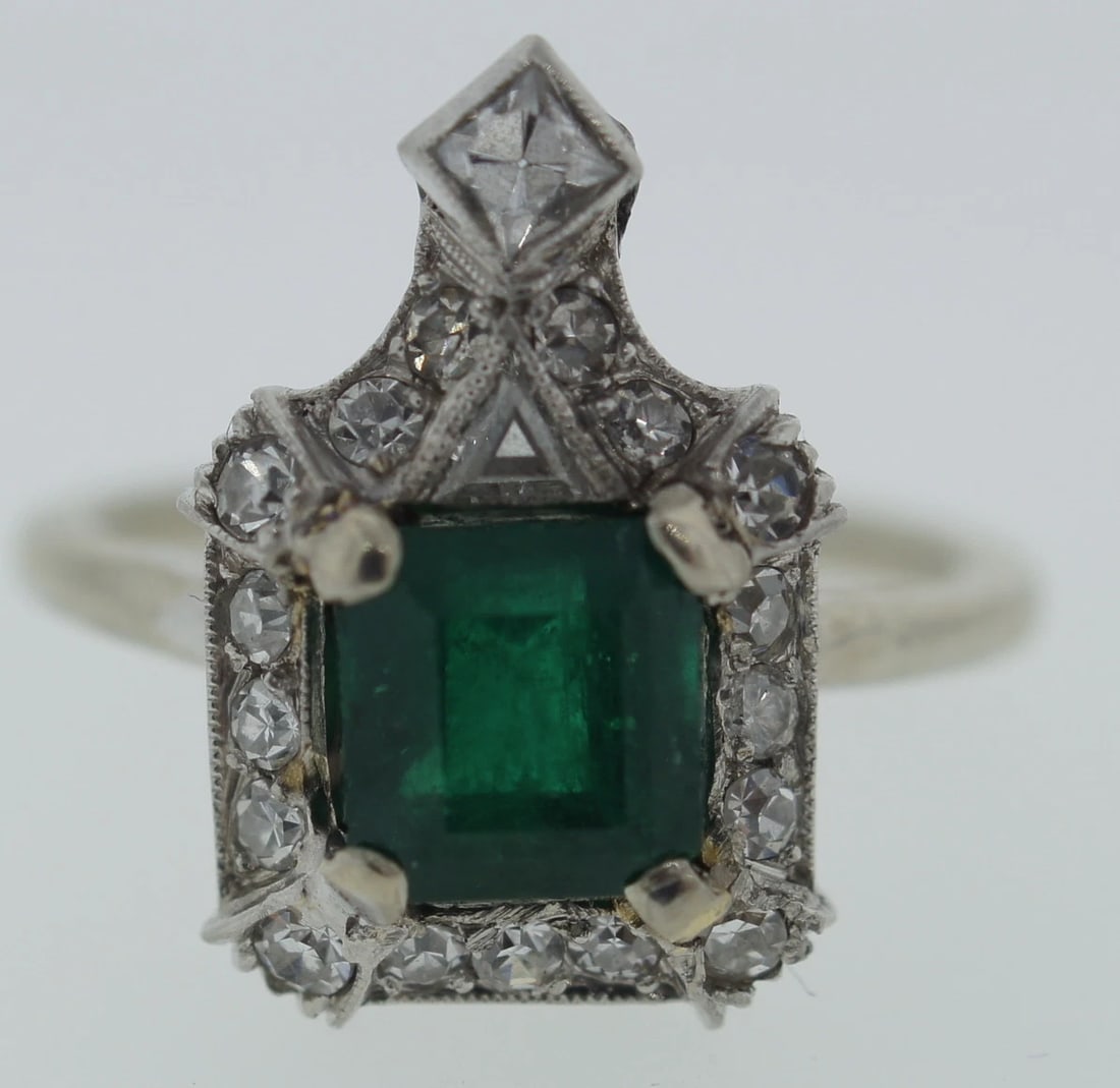 ART DECO C.1920 PLATINUM NATURAL COLUMBIAN EMERALD DIAMOND RING ENGAGEMENT - 8