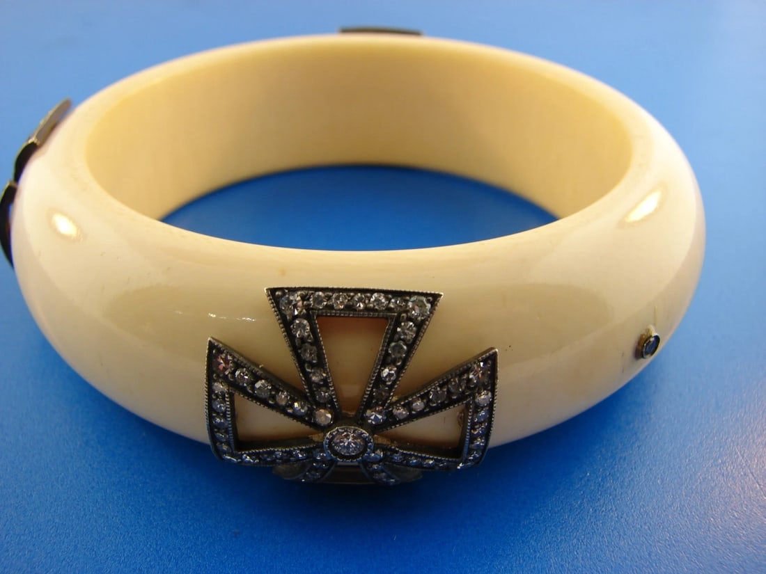 GORGEOUS Maltese Cross Diamond Silver Bangle, c. 1930: Title: GORGEOUS Maltese Cross Diamond Silver Bangle, c. 1930 Description: American EstateFine Jewelry, Arts & Antiques Purveyors and Purchasers of Antique and Estate Pieces JK - GORGEOUS Maltese Cross