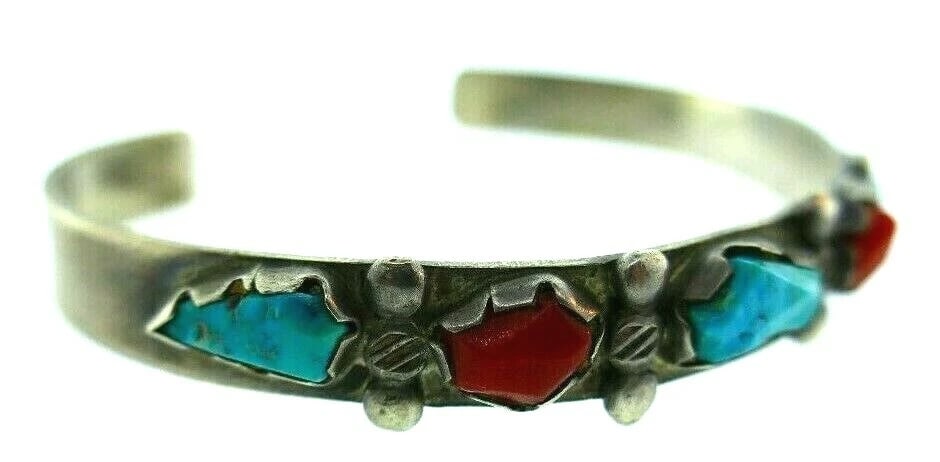 AMERICAN INDIAN Sterling Silver, Coral & Turquoise Bangle Bracelet - 3