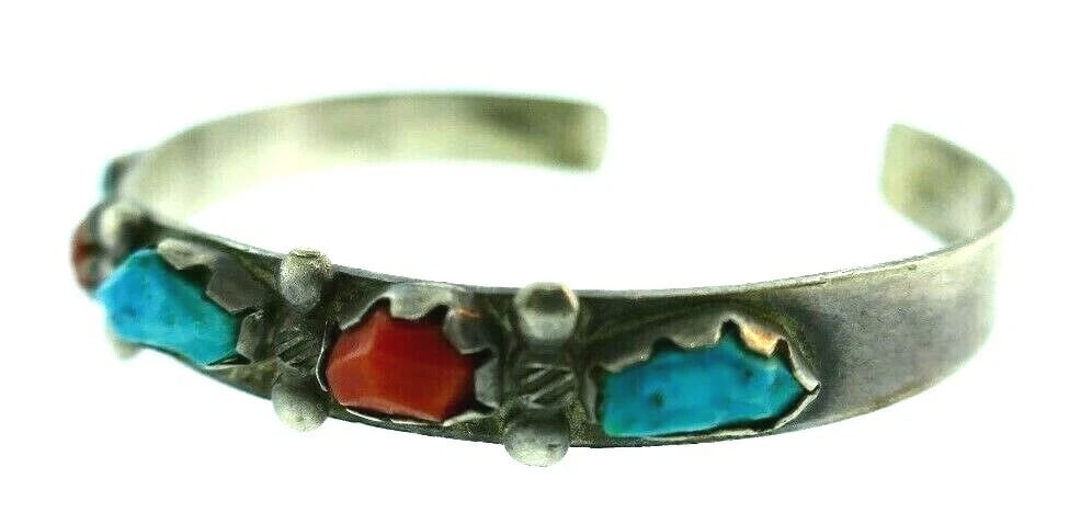 AMERICAN INDIAN Sterling Silver, Coral & Turquoise Bangle Bracelet - 7