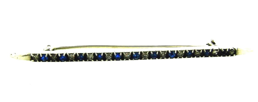 c.1930 STERLING SILVER BAR PIN RHYNESTONE WHITE & BLUE STAMPED BROOCH - 4