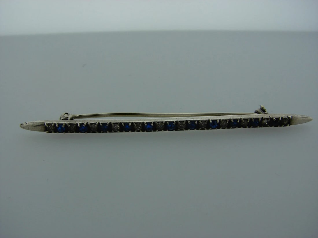 c.1930 STERLING SILVER BAR PIN RHYNESTONE WHITE & BLUE STAMPED BROOCH - 5