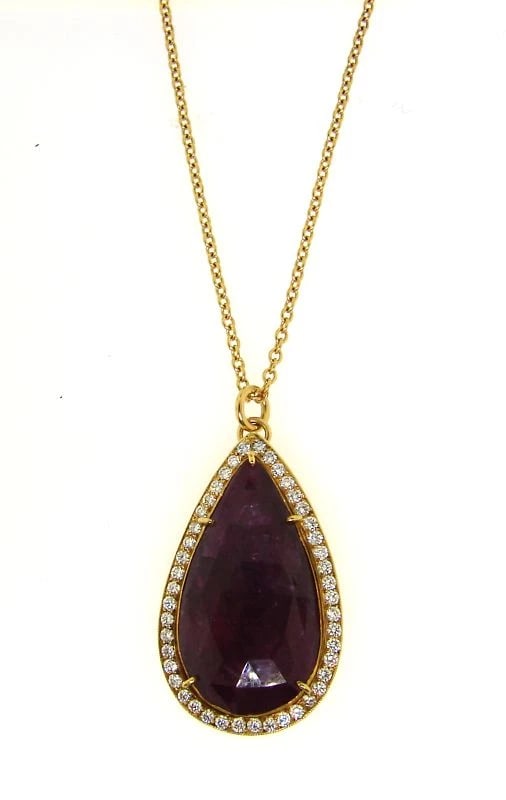 WOW 18k Gold, Ruby & Diamond Rain Drop Necklace: Title: WOW 18k Gold, Ruby & Diamond Rain Drop Necklace Description: Fine Jewelry, Arts & AntiquesPurveyors and Purchasers ofAntique and Estate Pieces d 18k Gold, Ruby & DiamondNecklace This wonderful 
