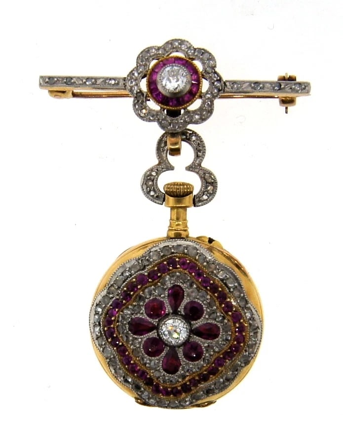 UNIQUE 18k Rose Gold, Platinum, Ruby & Diamond Watch/Pin Circa 1905! - 2