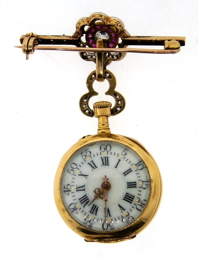 UNIQUE 18k Rose Gold, Platinum, Ruby & Diamond Watch/Pin Circa 1905! - 3