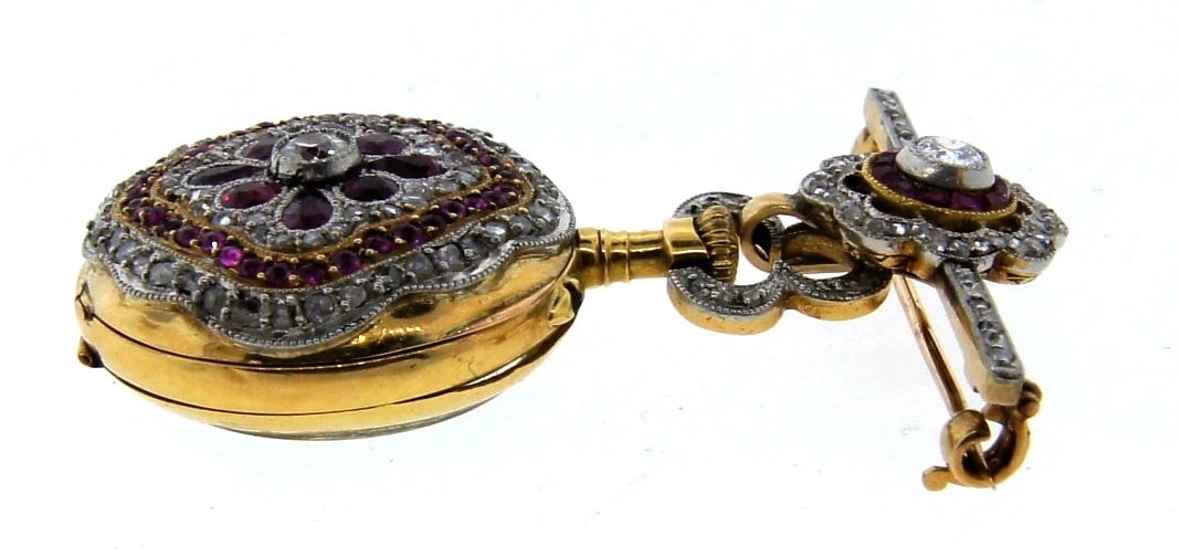 UNIQUE 18k Rose Gold, Platinum, Ruby & Diamond Watch/Pin Circa 1905! - 4