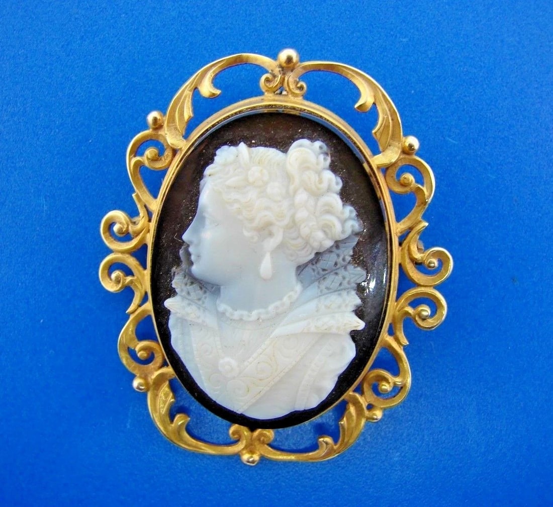 STUNNING 14k Yellow Gold & Carved Cameo Pendant Brooch - 2