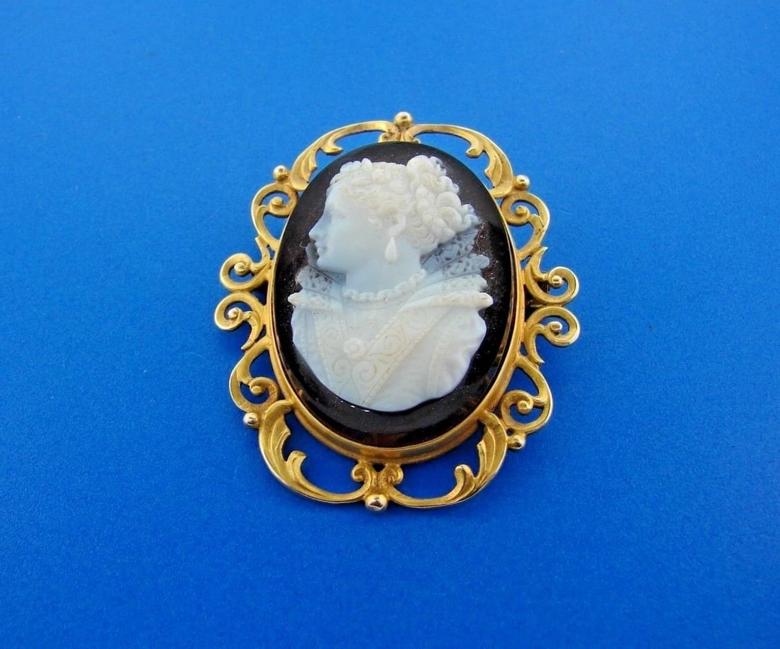 STUNNING 14k Yellow Gold & Carved Cameo Pendant Brooch - 3